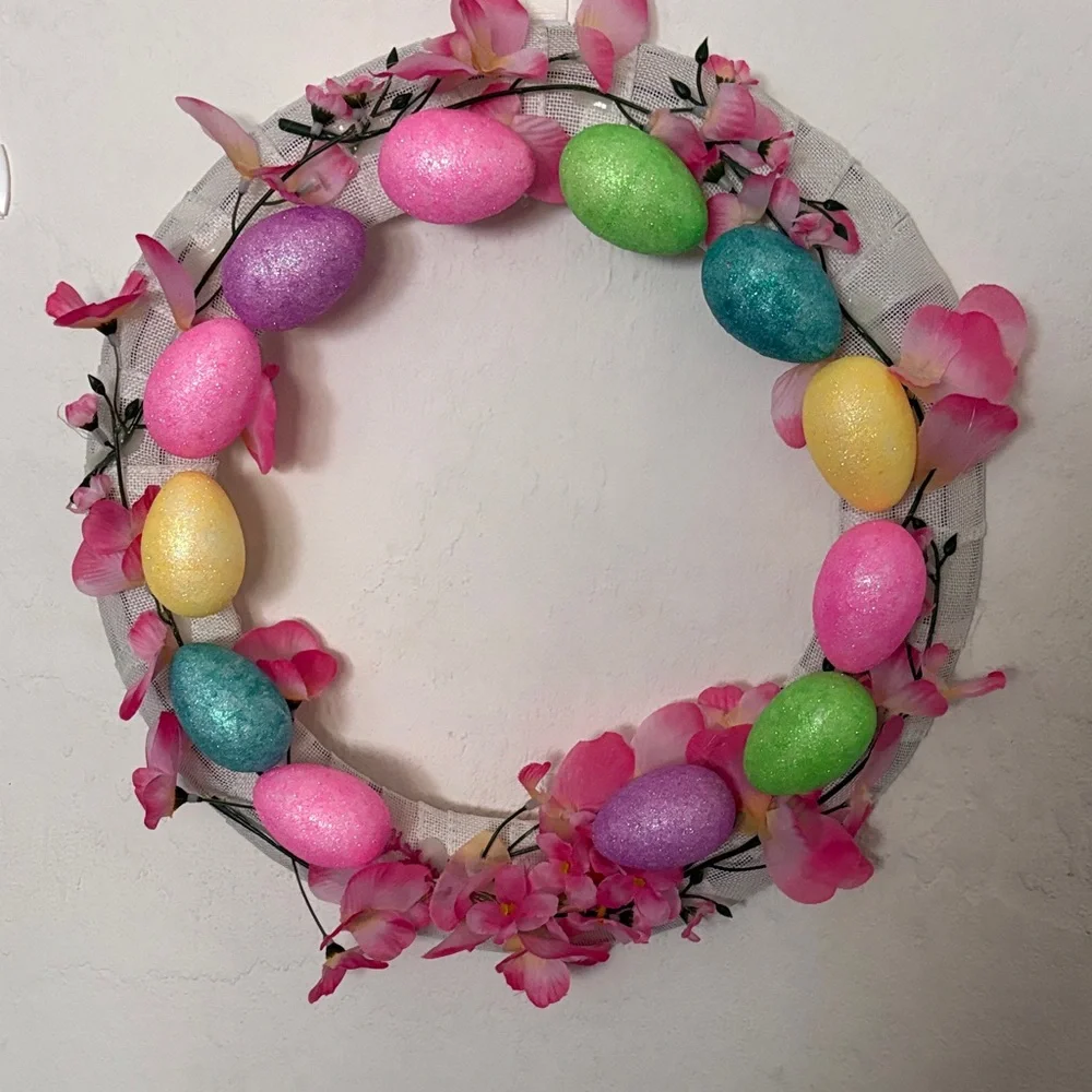 Handmade Spring Easter Egg Wreath with Pink Blossoms